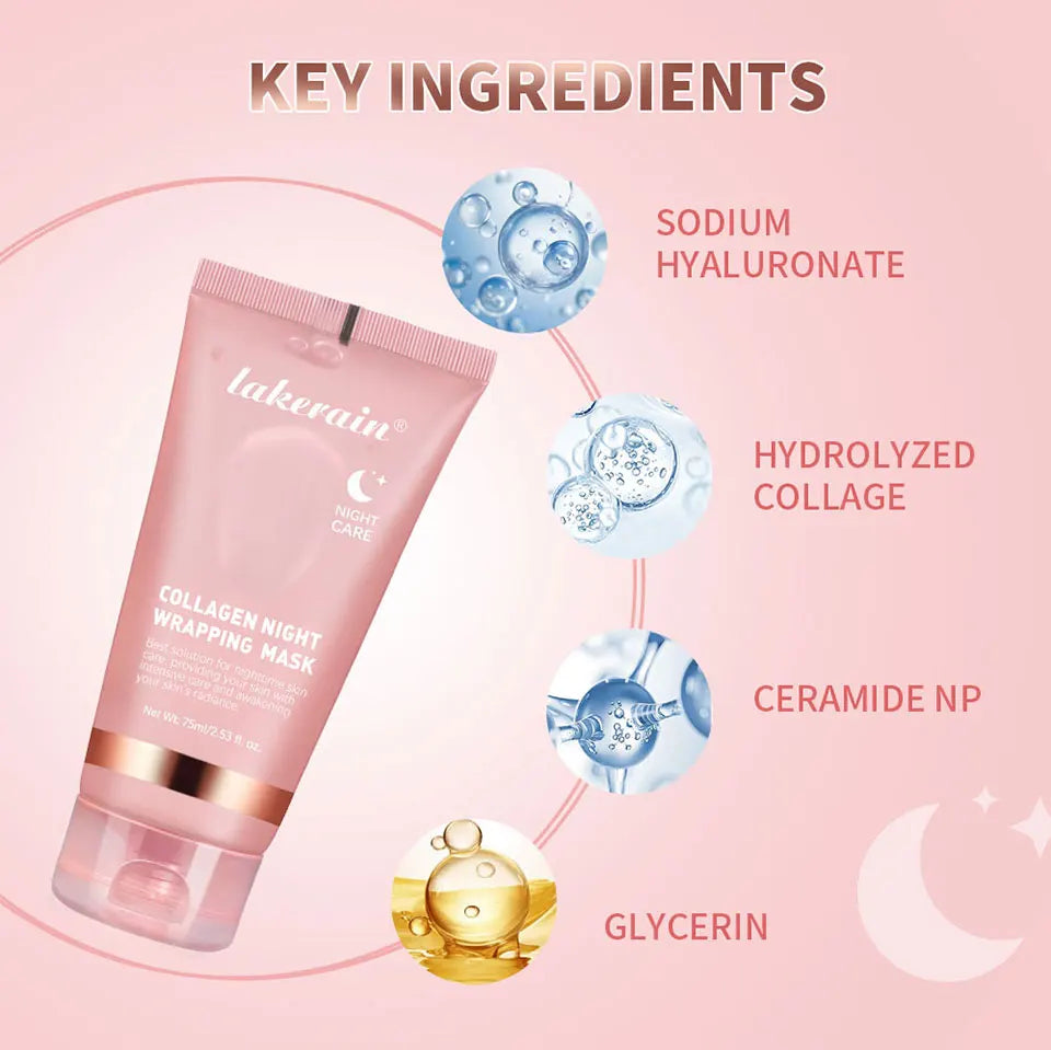 Lakerain Collagen Night Wrapping Mask Elasticity Hydration Care Reduces Sagging &amp; Dullness Hydrolyzed Collagen For Glowing Skin