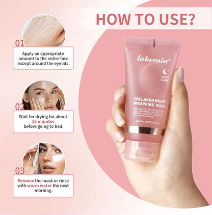 Lakerain Collagen Night Wrapping Mask Elasticity Hydration Care Reduces Sagging &amp; Dullness Hydrolyzed Collagen For Glowing Skin
