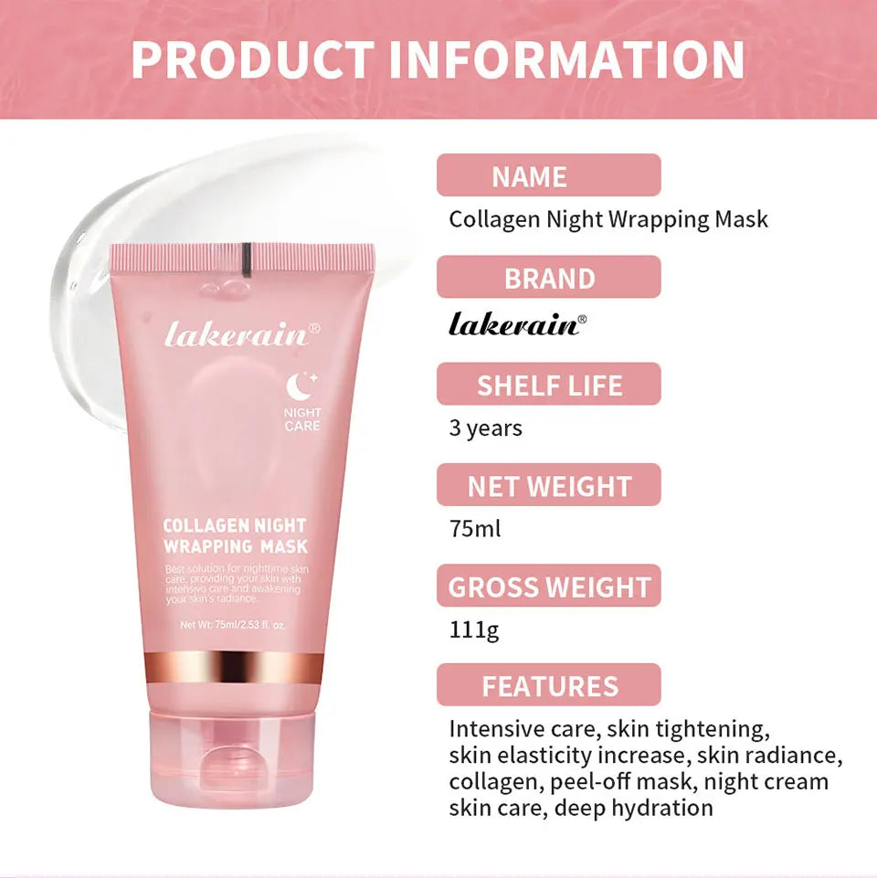 Lakerain Collagen Night Wrapping Mask Elasticity Hydration Care Reduces Sagging &amp; Dullness Hydrolyzed Collagen For Glowing Skin